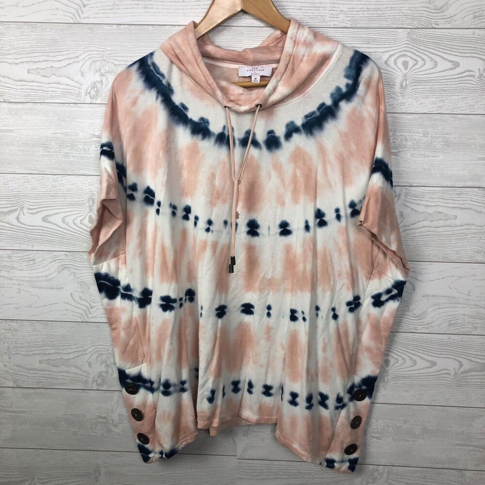 New Directions Studio Women's Medium Tie Dye Poncho Shirt Cowl Neck Pink Blue